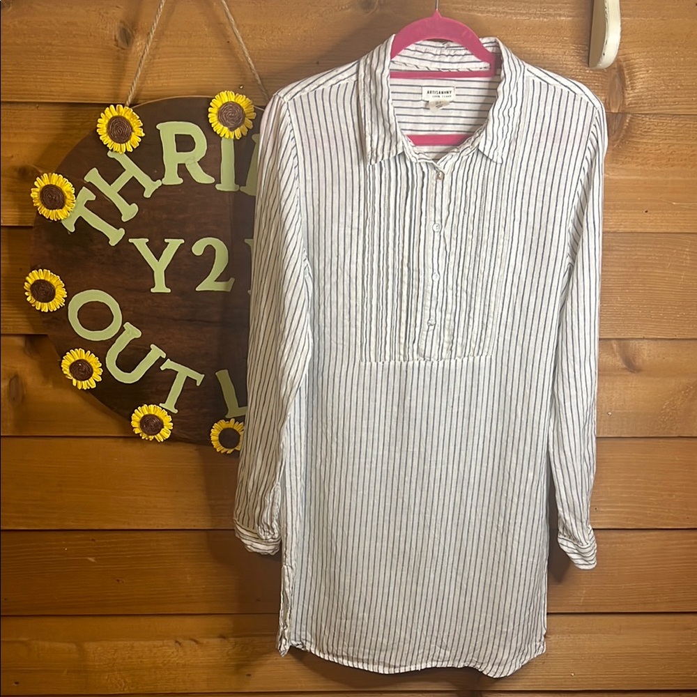 Artisan NY Linen Button Collar Tunic Dress Boho Feminine Beach Stripe Minimal M